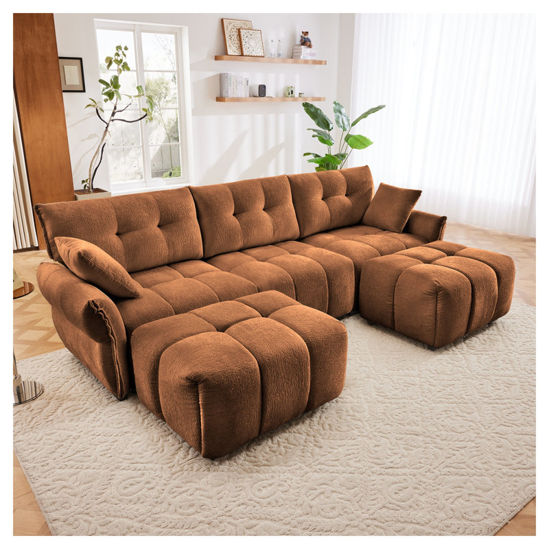 Ensemble de canapé 3 places avec repose-pieds et coussins décoratifs, structure robuste en bois massif en élégant tissu chenille texturé, parfait pour les salons, les salons, les bureaux ou les hôtels en orange brûlé