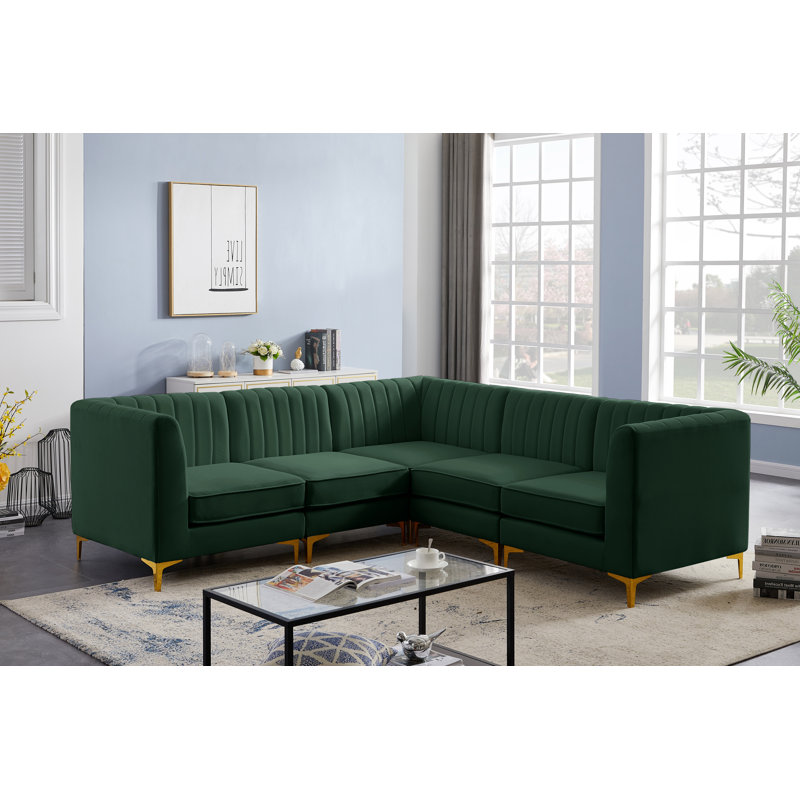 Enson 93" Wide Velvet Reversible Modular Corner Sectional, Green Velvet