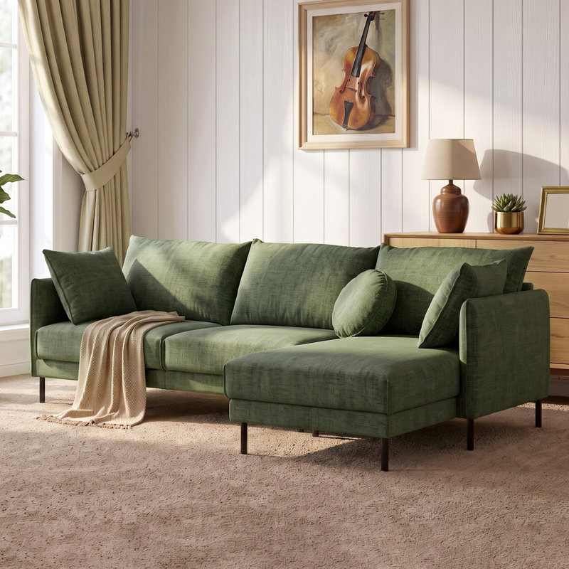 115" Modern 4 Seat Linen Blend L Shaped Modular Sectional Sofa With Ottoman, Green Linen Blend