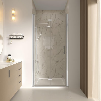 32-33 3/8'' W X 72''H Frameless Bifold Shower Door With 1/4" (6mm) Clear SGCC Tempered Glass, Pivot Swing Shower Glass Door in Chrome Finish