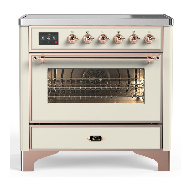 Cuisinière à induction 36 pouces avec 6 éléments à induction en blanc antique Majestic III Series (garniture en cuivre)