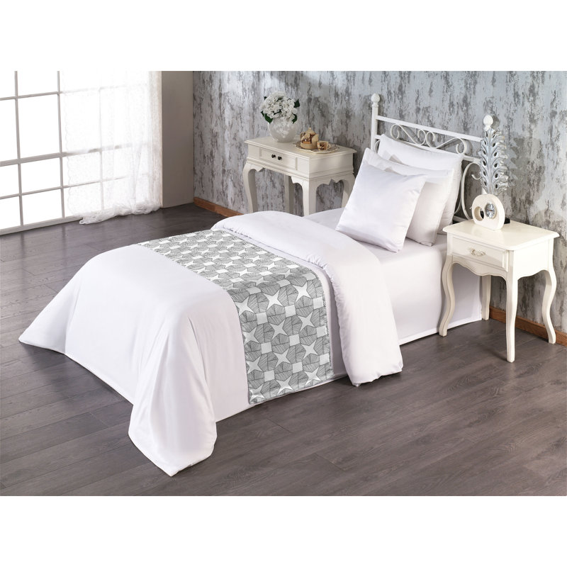 Twin White Geometric Polyester Satin Bed Runner Set