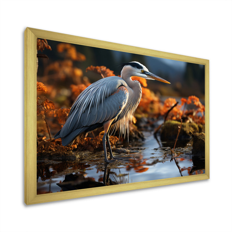 Heron Reflections Of Grace - Animals Wall Art Living Room, H 16 po x l 32 po x P 1 po, Encadrement doré