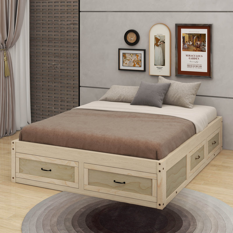 Grand lit plateforme avec 6 tiroirs de rangement, Naturel antique