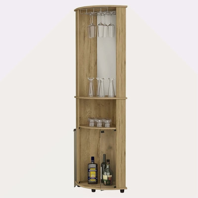 2-Door 2-Shelf Corner Bar Cabinet With Glass Rack Macadamia
