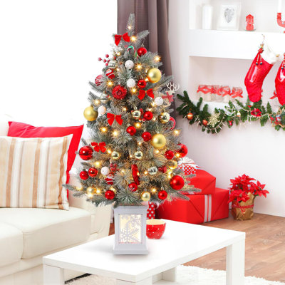Artificial Snow Flocked Christmas Tree With Snowflake Light Box Base,Pre-Lit Mini Christmas Tree With 78 Led Light,8 Mode Battery Box For Christmas Decoration, Home, Office, Party Decor,2Pcs