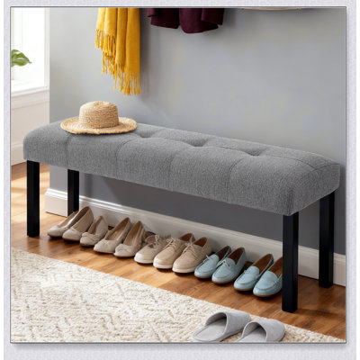 Modern Tufted Linen Dining Bench, Farmhouse Upholstered Entryway Bench with Black Rubber Wood Legs, Versatile for Kitchen, Bedroom, Hallway