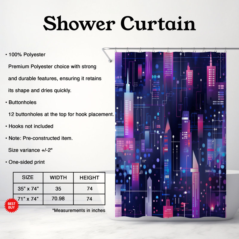 Rideau de douche Neon Skyline - Premium, H 74 po x l 71 po