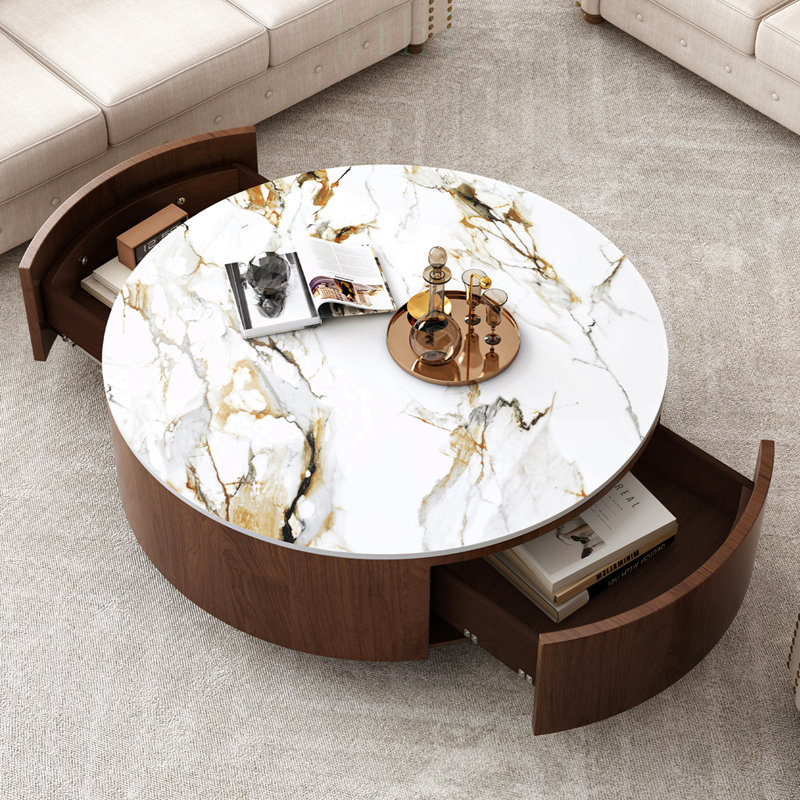 Luxueuse table basse en pierre frittée avec motifs gris uniques et rangement, idéale pour les salons modernes