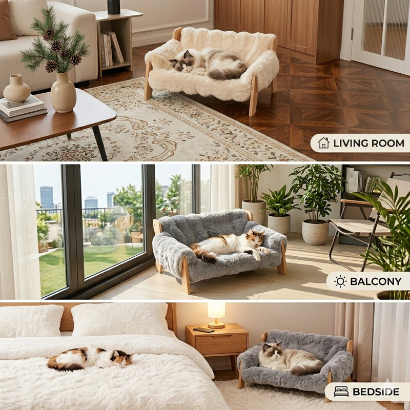 Canapé-lit surélevé pour chat avec structure en bois, canapé doux et moelleux lavable pour chats d'intérieur, lit surélevé chaud pour animaux de compagnie