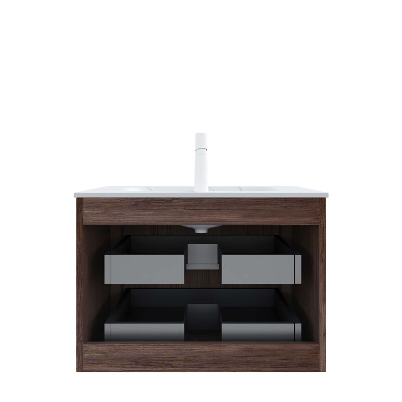 Meuble-lavabo 30 po avec lavabo, armoire de rangement murale en contreplaqué flottant avec 2 tiroirs, lavabo blanc Carrara, sans robinet, pré-assemblé, couleur grain de bois noyer rétro