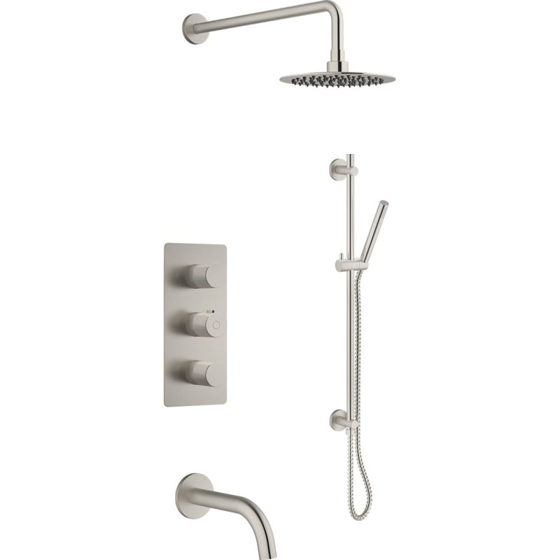 Ensemble de douche thermostatique Veda avec pomme de douche, douchette sur rail et bec de baignoire en nickel brossé Veda