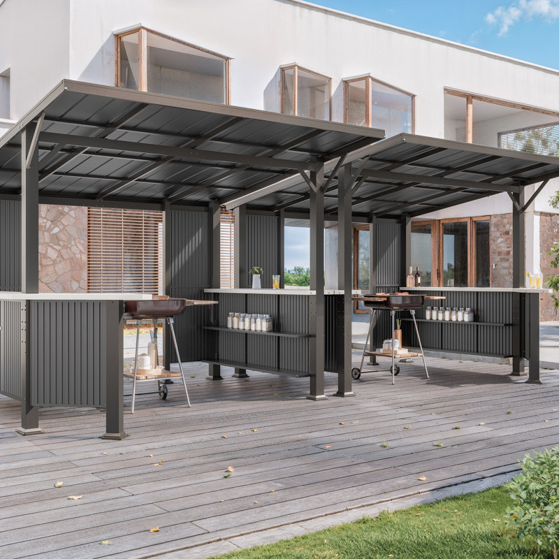 Pavillon de jardin d'extérieur moderne en métal avec comptoirs intégrés et toit incliné (ensemble de 2)
