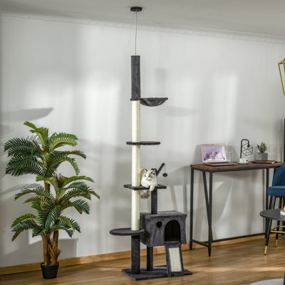 106" Cat Activity Mansion: With Scratching Post, Board, , , For Cats Max 10 Lbs, Dark Grey Scratch House: High With Lightweight Felines