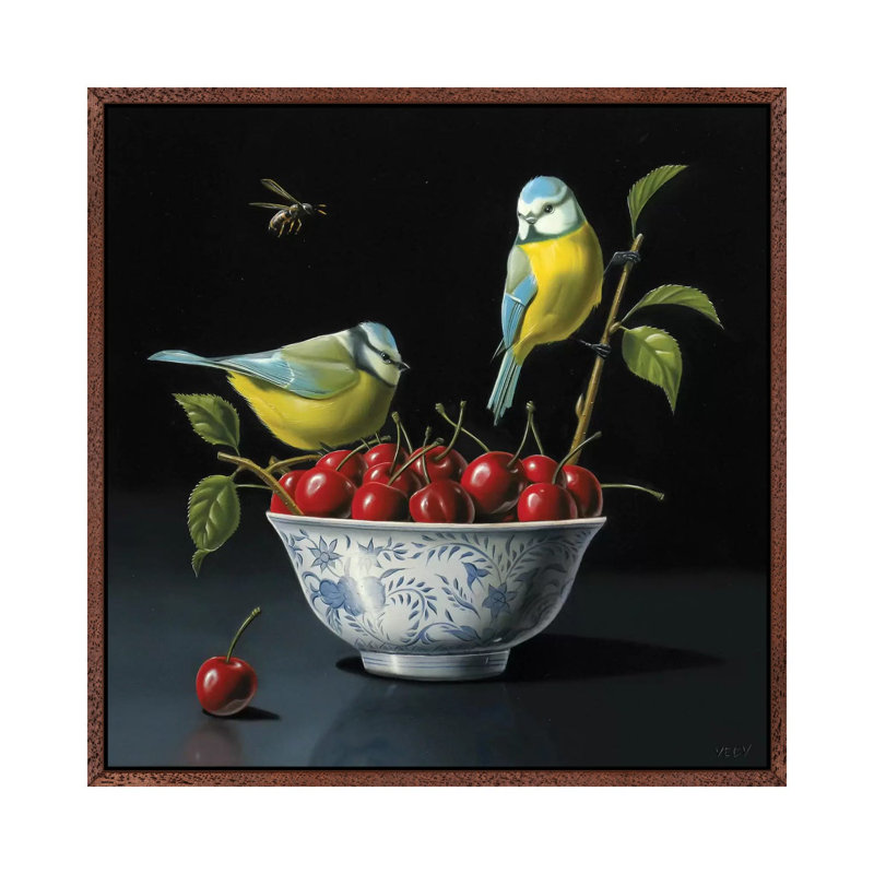 Both Tits And Cherries by Valéry Vecu Quitard - Painting on Canvas, 45.72cm H x 45.72cm W x 3.81cm D