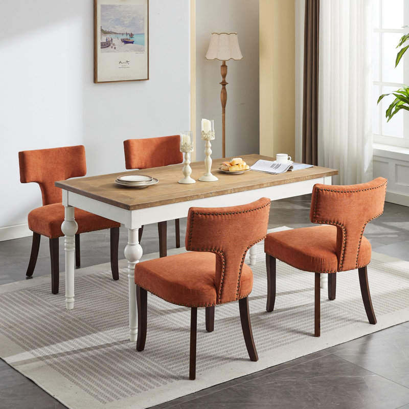 2 Mid Century Modern Dining Chairs, Orange. Linen Upholstered Accent Chair With Curved And Copper Nails Beautification. Hardwood Frame, Foam Cushion High Density Steel Spring. Comfortable Attractive.