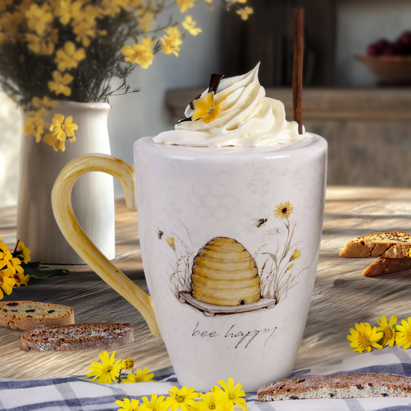 Bee Sweet White Ceramic Floral Print Mug Set of Four