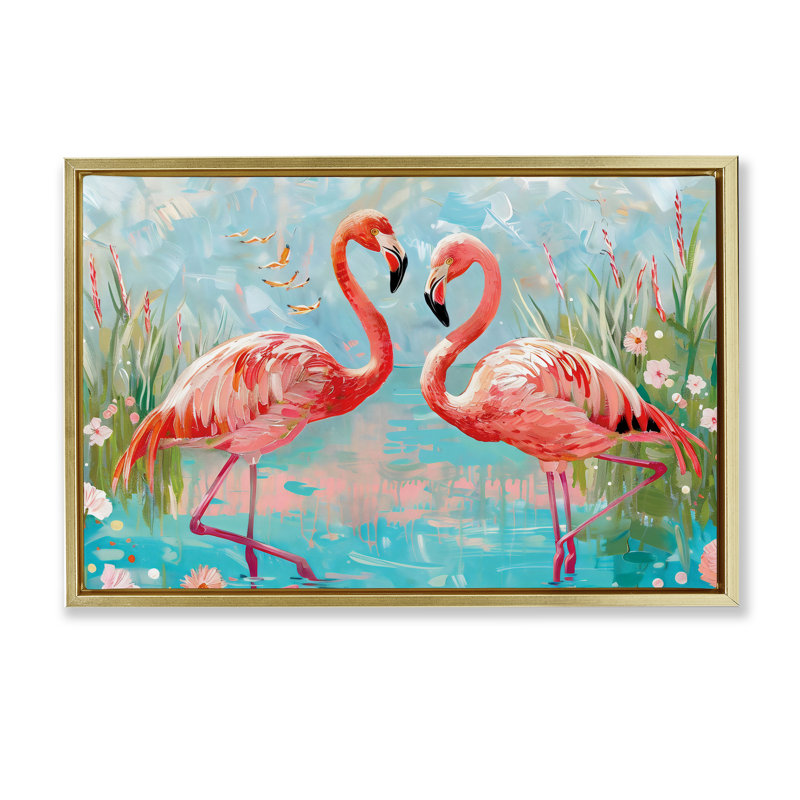 Cadre flottant Modern Flamingo Love, design par LSR Design Studio, H 17 po x l 25 po, Cadre flottant métallique doré