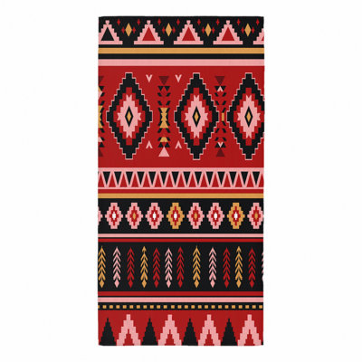 1Pcs Boho Geometric Tribal Pattern Beach Towel, featuring vibrant red, black, pink, yellow, and white tribal-inspired designs. Perfect for, swimming, travel, outdoor activities, unisex soft microfiber towel.