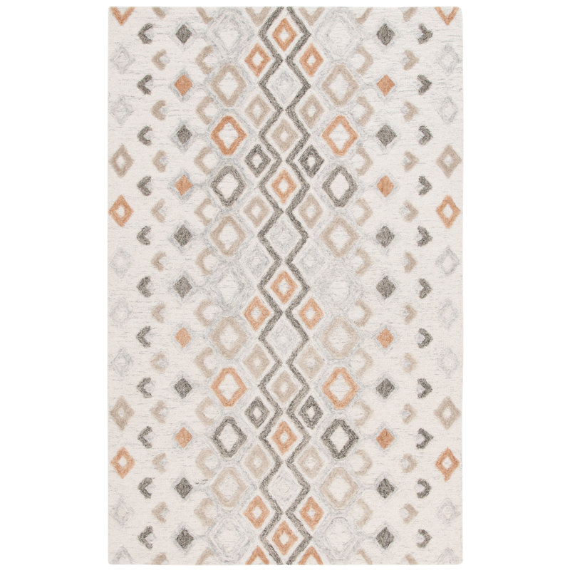 Casablanca Shag Hand Tufted Wool/Cotton Geometric Rug in Ivory/Rust, Rectangle 4' x 6'