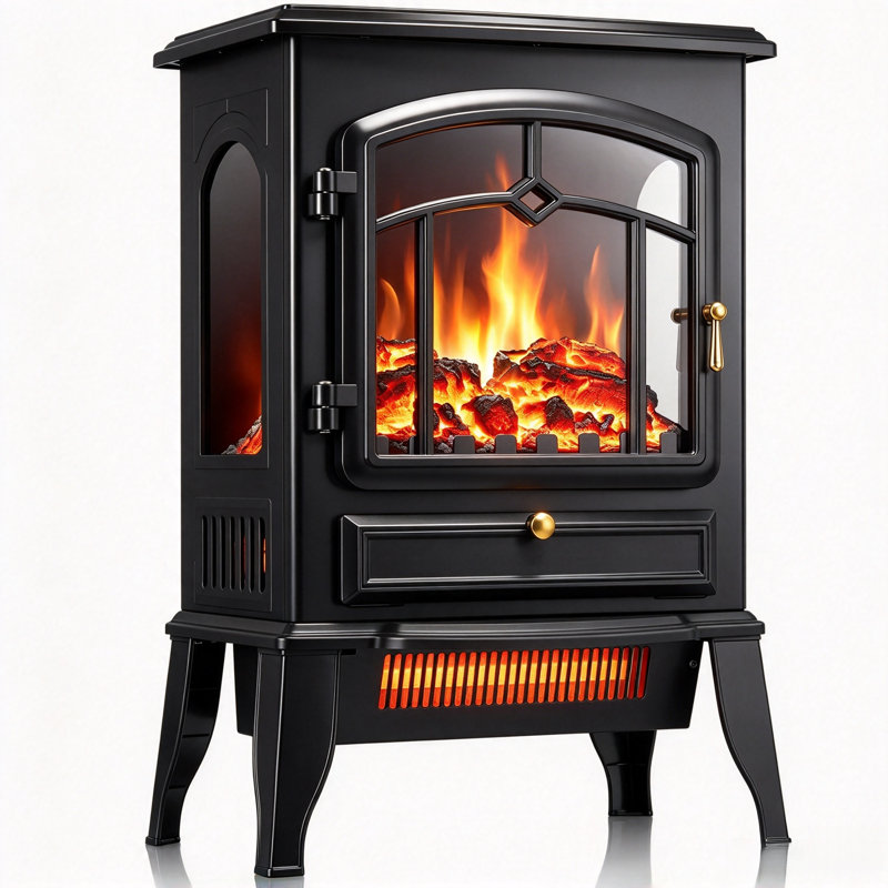 Chaufferette de poêle autoportante de 15 po HAVATO avec flamme réaliste pour bureau à domicile avec effet de flamme de bûche réaliste, effet de flamme réglable / mode de luminosité / chauffage, conception sécuritaire pour la surchauffe