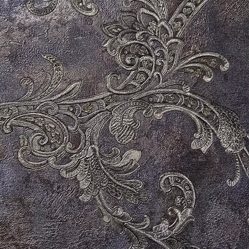 Papier peint texturé damassé victorienne gris or métallique