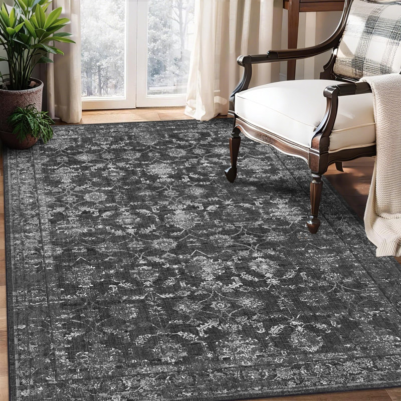 Vintage Boho Area Rug - Washable Non Slip Low Pile Rug, Black, Rectangle 4' x 6'