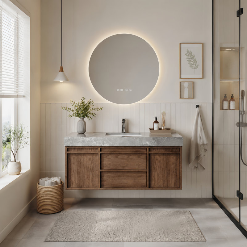 Meuble-lavabo mural 47 po avec lavabo intégré, armoire à grain de bois moderne et comptoir à aspect marbre, rangement à fermeture en douceur