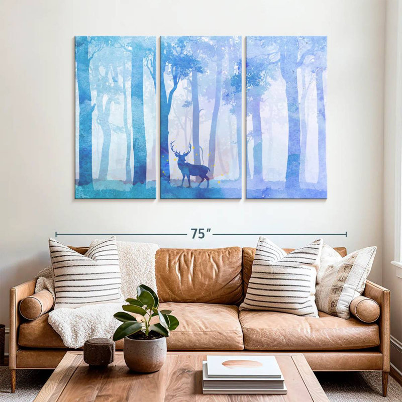 Aquarelle forêt de cerfs, H 42 po x l 65 po