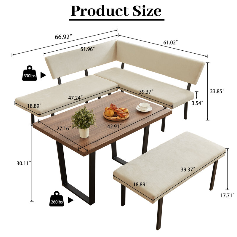 Ensemble de table de salle à manger 3 pièces Table rectangulaire, 1 canapé d'angle et 1 banc, Beige, Walnut