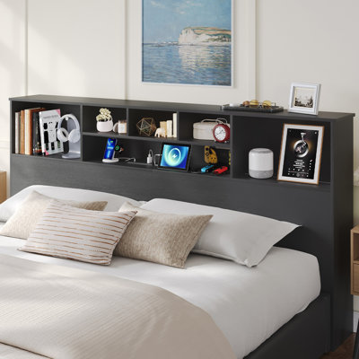 Bookcase Headboard with Charging Station, Upgraded 3-Color LED Lighting with Rotary Knob Control, Available in King Size