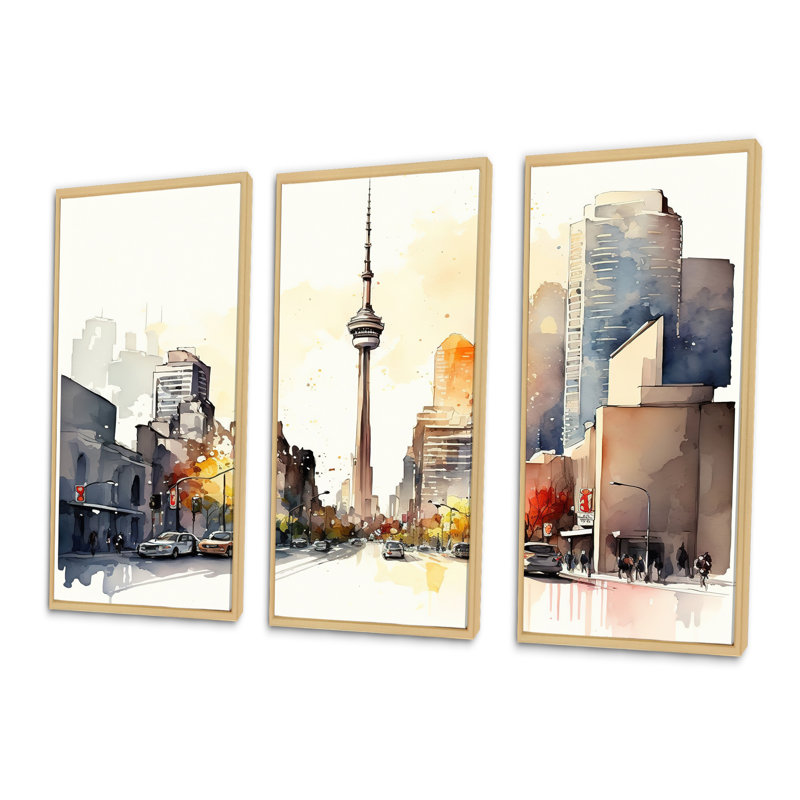 Toronto Skyline VIII - 3 pièces sur toile, H 32 po x l 48 po x P 1 po, Encadré naturel