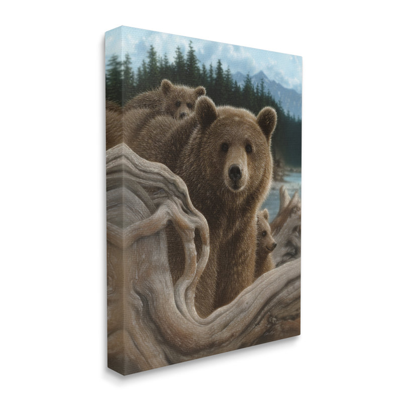 «30_Brown Bears Rustic Animal Family Tree Forest Lake tendue, art mural par Collin Bogle, H 48 po x l 36 po x P 1,5 po
