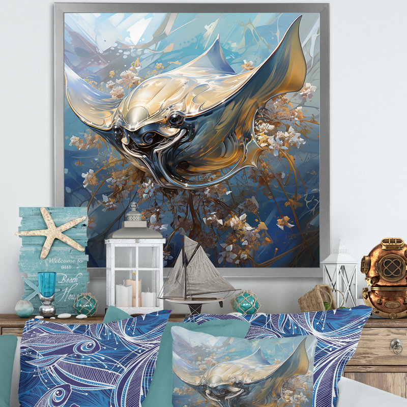 Manta Ray Dance 2 - art mural animaux côtiers, Encadrement doré, H 16 po x l 16 po x P 1 po