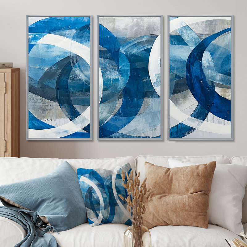 White Light Blue Circles - Geometric Wall Art Decor Set, Silver Floater Framed, 28" H x 36" W x 1" D