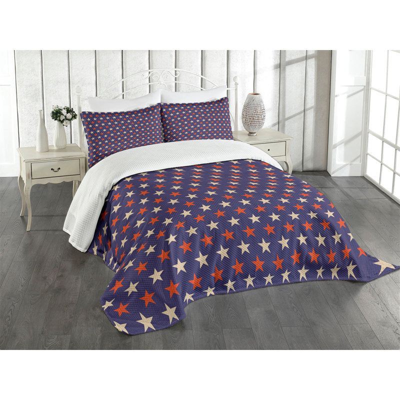 Queen Blue Quilted Bedspread Set with Stars