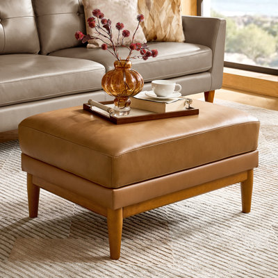 Erauso 33.5"W Mid-Century Modern Genuine Leather Ottoman with Solid Wood Legs