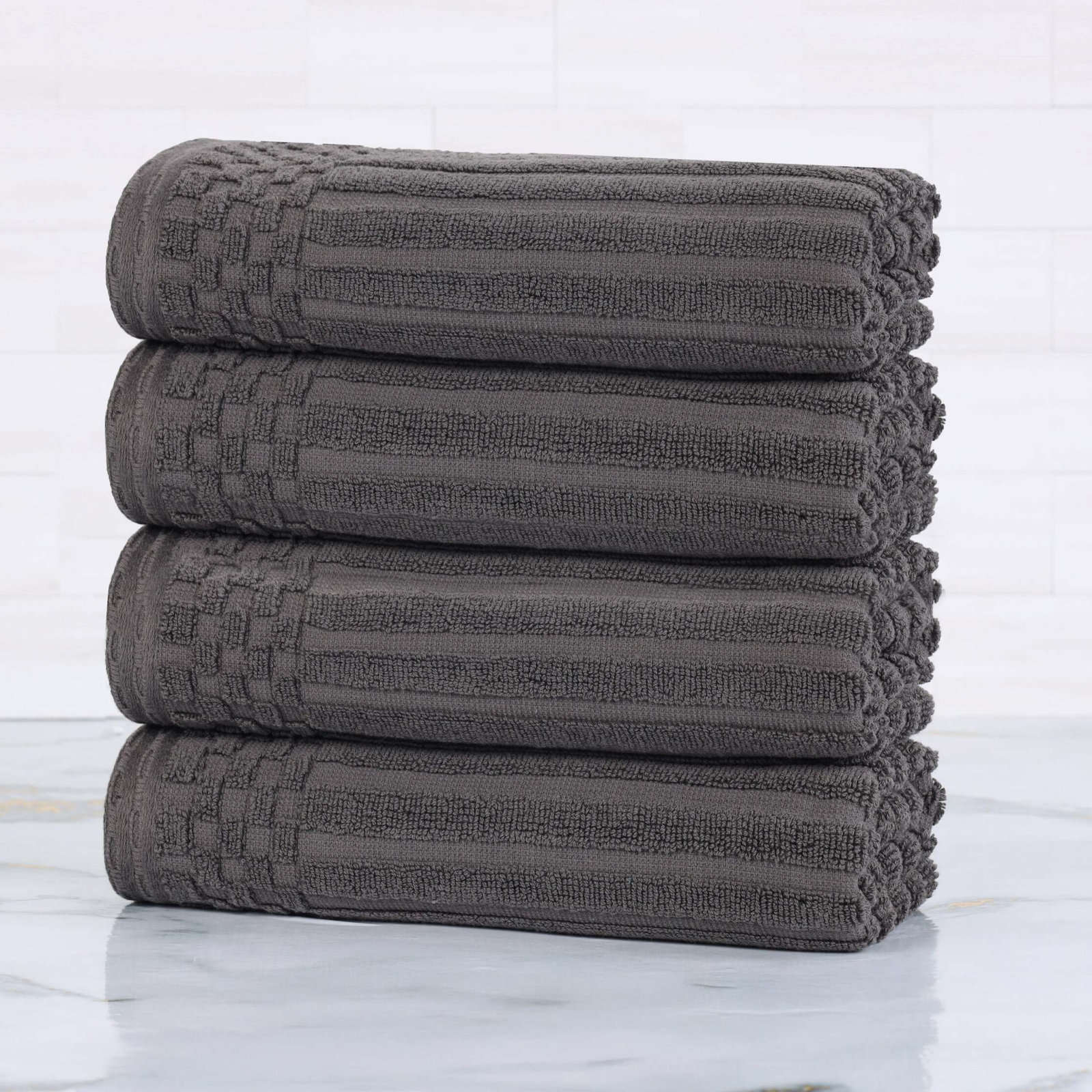 Kleiman Cotton Highly Absorbent Solid and Checkered Border Hand Towel Set, Dark Grey