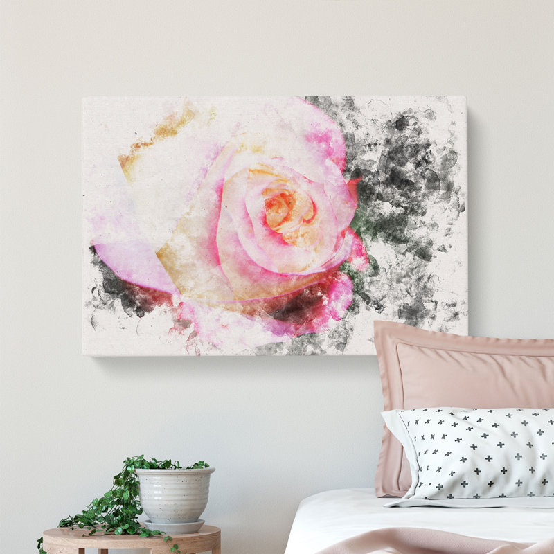 Pink Tipped Rose Watercolour - Wrapped Canvas Graphic Art Print, 50cm H x 76cm W x 3cm D