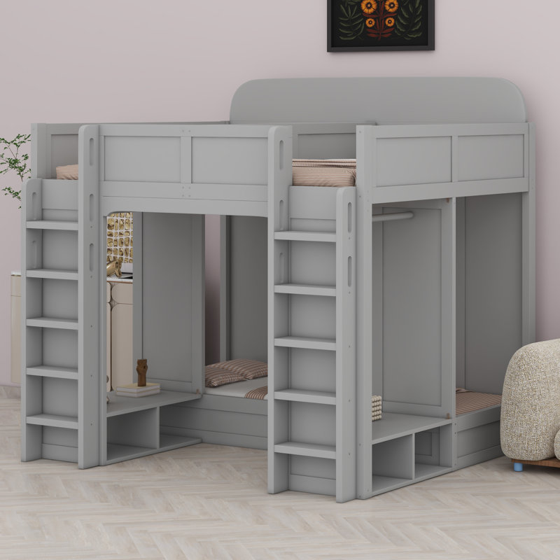Lit superposé triple avec tablettes et crochets de rangement, Gris