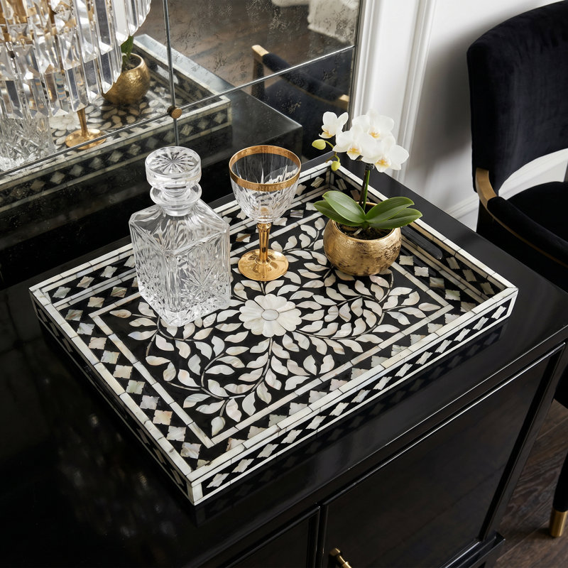 Plateau de service en mosaïque Shell, plateau rectangulaire noir et blanc avec poignées pour table basse et buffet