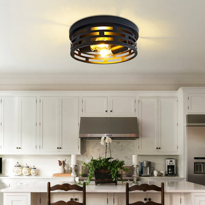 2-light Industrial Round Flush Mount Ceiling Light - Matte Black Metal Ceiling Fixture For Bedroom & Entryway (11in)