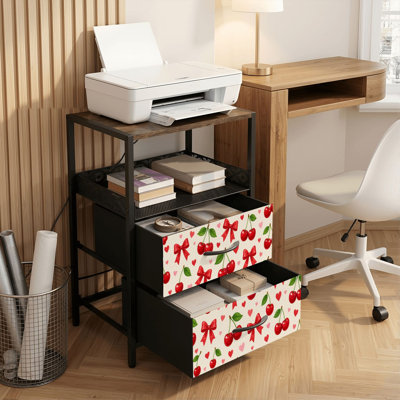 Table de chevet 2 tiroirs avec station de charge, table de chevet pour chambre à coucher avec ports USB, tablette ouverte noire, table de chevet avec imprimé cerise rouge cerise