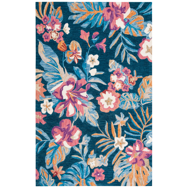 Tapis bleu / rose en laine touffeté à la main Alhambra, Rectangle 3 pi x 5 pi
