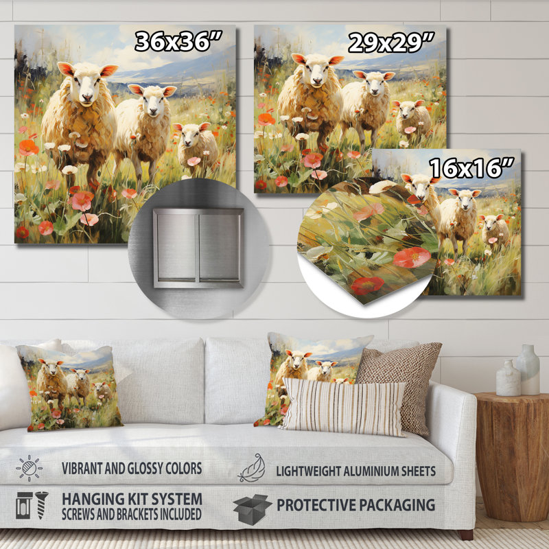 Troupeau de moutons moelleux II - reproduction d'animaux sur métal, H 36 po x l 36 po x P 1 po