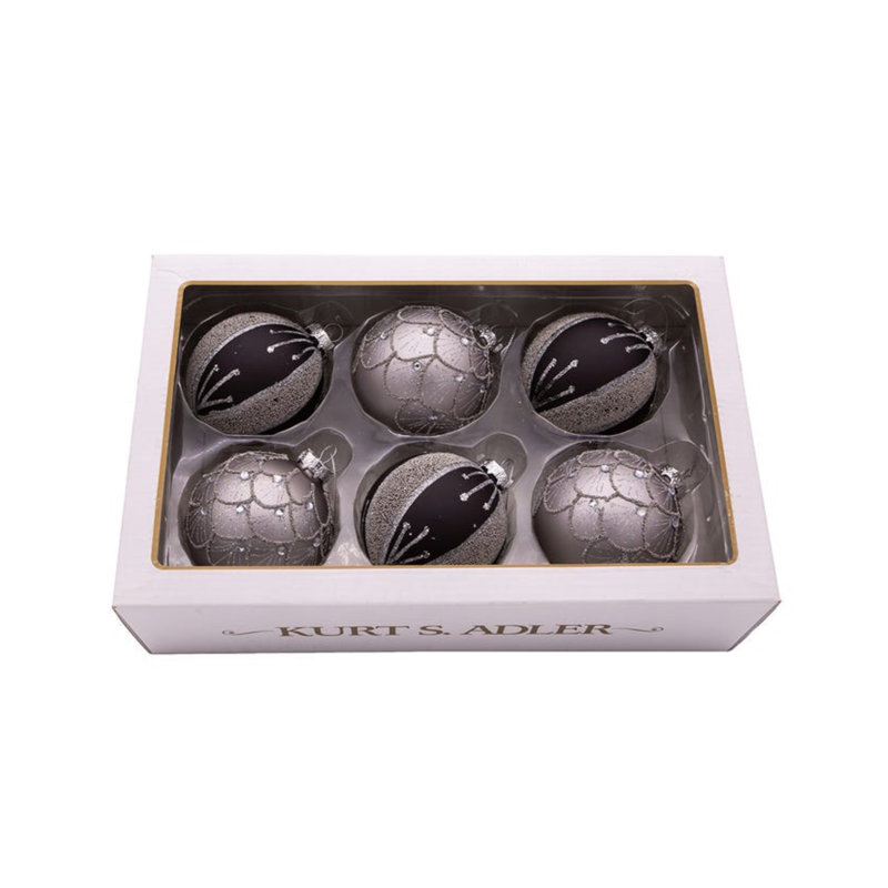 Ensemble d'ornements en forme de boule en verre argenté et noir 80mm Kurt Adler, 6 pièces