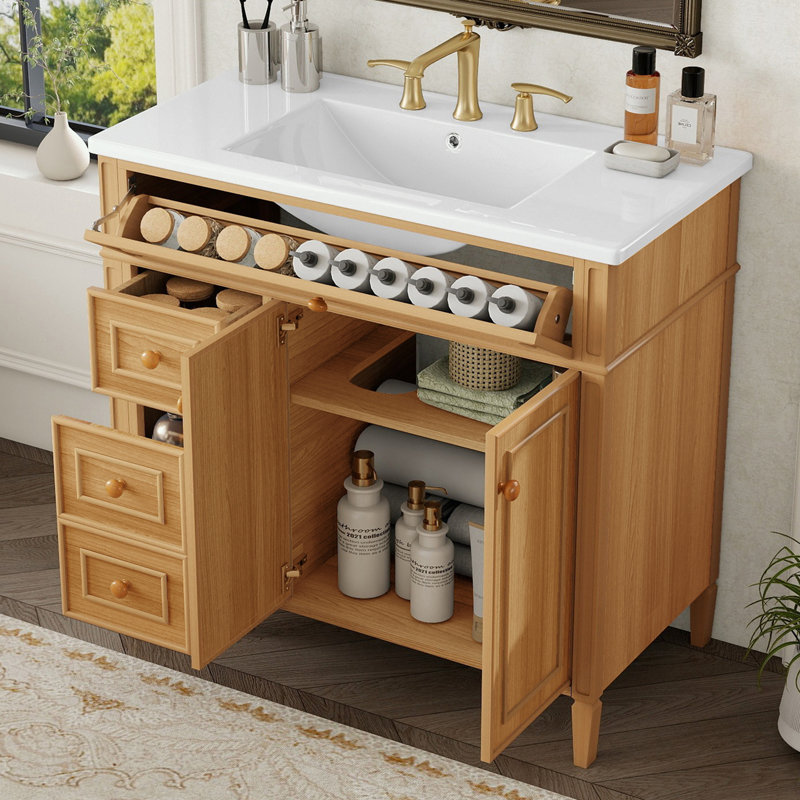 Meuble-lavabo de salle de bain avec lavabo, tiroir rabattable, 3 tiroirs et 2 portes à fermeture en douceur