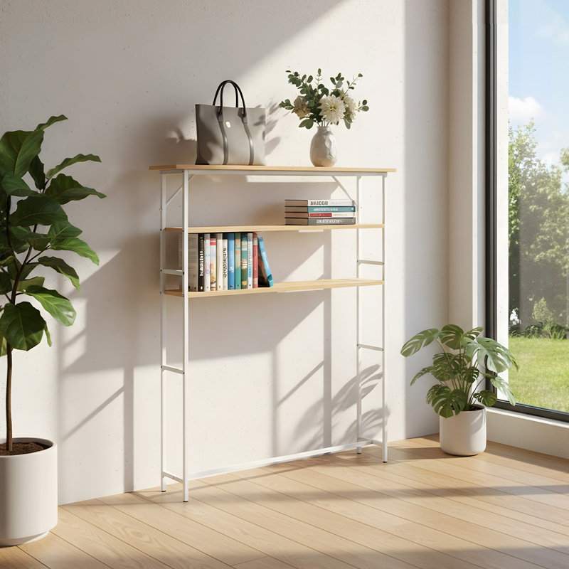 3-Tier Wood-Grain Narrow Console Table, 125cm H x 100cm W x 20cm D, Nature Wood / White, White
