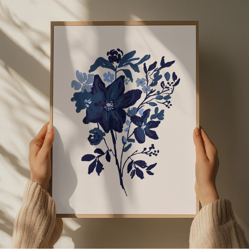 Blue Floral Bouquet by Josie George — Botanical Wall Art, 40 × 60, Framed Print, Tan