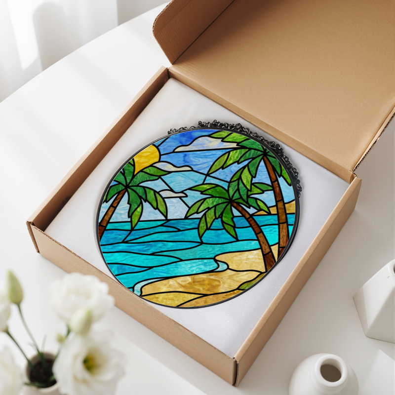 Panneau de vitrail 12 "H Tropical Beach, 12" H x 12" W